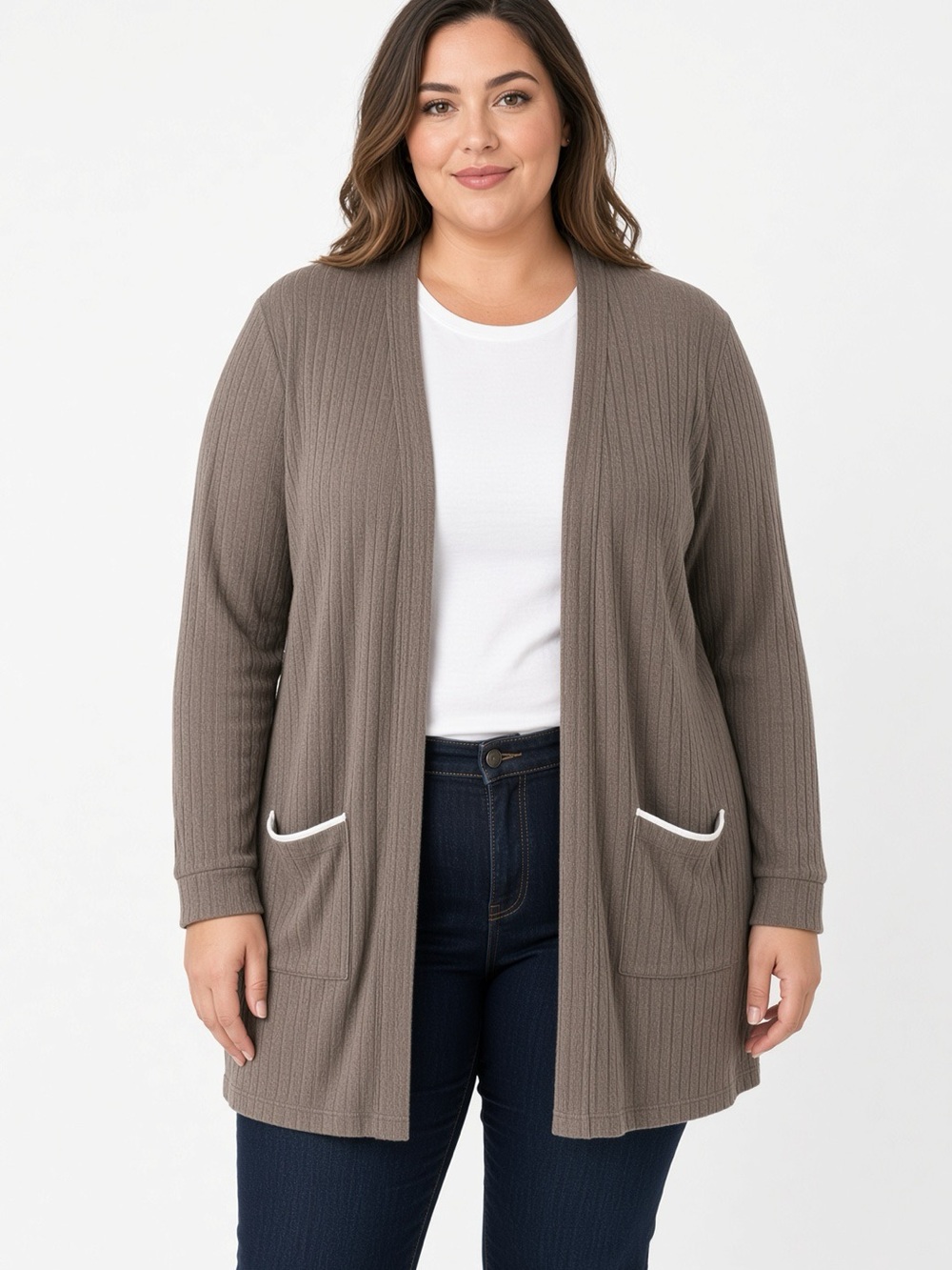Perch by Blu Pepper Ribbed Open-Front Cardigan - Taupe 1XL NWT